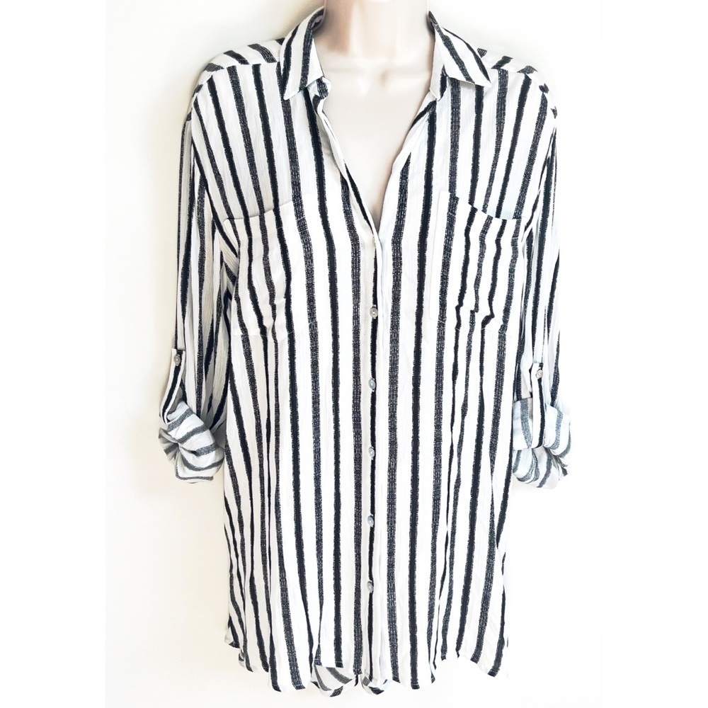Gibson Latimer Striped Button Down Tunic Top 3/4 … - image 1